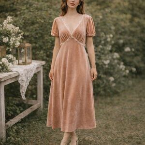 Lulus Idyllic Poise Velvet Midi Dress Blush Pink Tan Lace Puff Sleeve L NWT